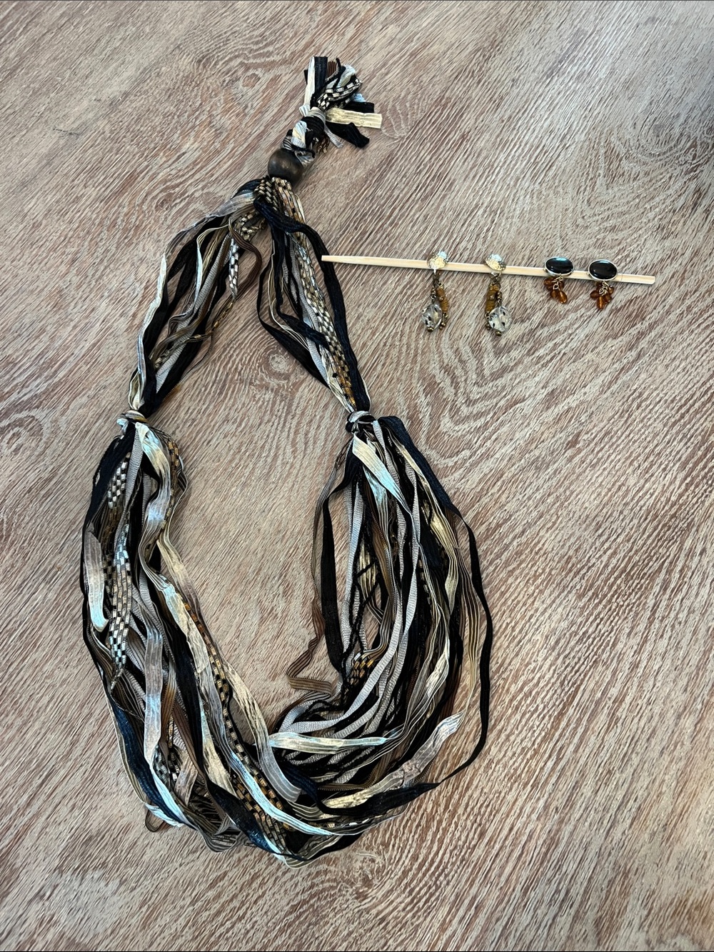 Multi-Strand Black and Beige Gold Ribbon Necklace Shown with Matching Earring
